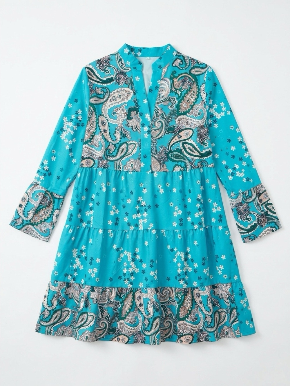 Boho Paisley Tiered Tunic Dress in Teal Blue